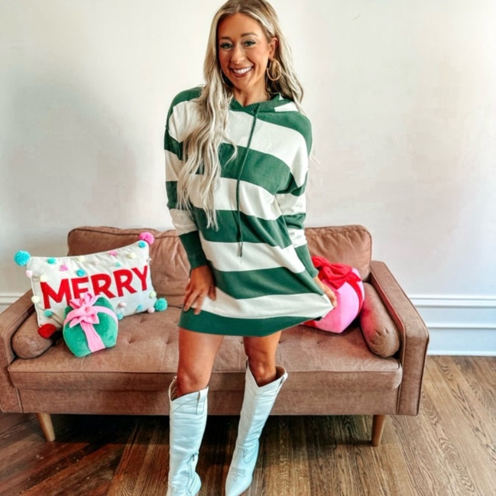NWT- Blu Pepper-  Green and White Striped Hoodie Mini Knit Dress